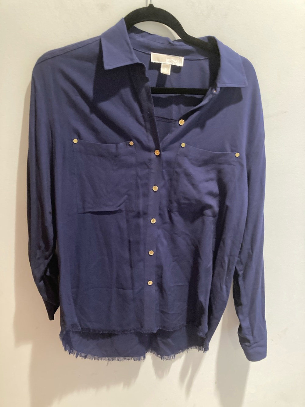 Michael Kors Dark Navy Button-Front Long Sleeve Shirt with Gold Buttons